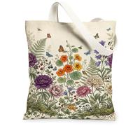 Bolsa de lona con flores para mujer, diseño botánico vintage de mariposas, helechos, primavera, violeta, lavable, reutilizable, para compras, brunch, parque, biblioteca, excursiones, 13 x 15 pulgadas