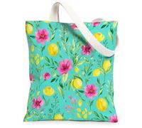 Bolsa de lona con flores para mujer, diseño de hojas de limón, primavera, turquesa, lavable, reutilizable, pequeña, ideas para viajes, trabajo, compras, librería, 13 x 15 pulgadas