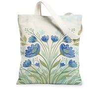 Bolsa de lona con flores para mujer, diseño floral de primavera, color azul, lavable, reutilizable, ideal para viajes, trabajo, compras, librería, 13 x 15 pulgadas