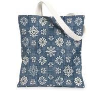 Bolsa de lona con flores para mujer, diseño rústico de copo de nieve, crisantemo, invierno, azul, lavable, reutilizable, ideas para compras, viajes, oficina, biblioteca, casual, 33 x 38 cm