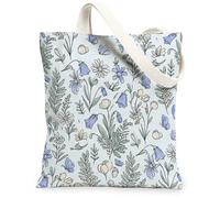 Bolsa de lona con flores para mujer, primavera, floral, mariposa, hoja, primavera, azul, lavable, reutilizable, para compras, brunch, parque, biblioteca, excursiones, 13 x 15 pulgadas