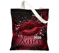 Bolsa de lona con labios para mujer, romántica y glamurosa celebración de burbujas, color rojo, lavable, reutilizable, bolsas de comestibles para Shoppi, Rojo, 13x15 Inch