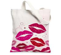 Bolsa de lona con labios para mujer, romántica y juguetona, estrellas, círculos, San Valentín, melocotón, lavable, reutilizable, ideal para familiares, amigos, colegas, lectura, amor, 13 x 15 pulgadas