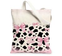 Bolsa de lona con lazo para mujer, bonito estampado de vaca, sin burbujas, color melocotón, lavable, reutilizable, estética, ideas para viajes, trabajo, compras, librería, 13 x 15 pulgadas