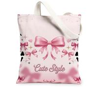 Bolsa de lona con lazo para mujer, diseño de corazón y estrella, color melocotón, lavable, reutilizable, ideal para viajes, trabajo, compras, librería, 13 x 15 pulgadas