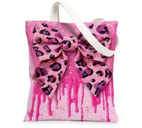 Bolsa de lona con lazo para mujer, divertida y divertida impresión de leopardo, color melocotón, lavable, reutilizable, ideas para familiares, amigos, colegas, lectura, amor, 13 x 15 pulgadas