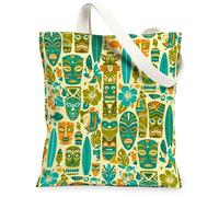 Bolsa de lona con máscara para mujer, diseño de flores tropicales bohemias, tabla de surf, verano, verde, lavable, reutilizable, bolsa de mano para todos los días, ideas F, Verde, 13x15 Inch