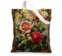 Bolsa de lona con patrón de rosa, bolsas de compras reutilizables vintage, bolsas de hombro ligeras y florales, Rojo -, 13x15 Inch