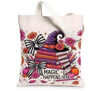 Bolsa de lona con sombrero de bruja, diseño de flores y libros de temporada para Halloween, color violeta, bolsa pequeña de 13 x 15 pulgadas, Púrpura, 13x15 Inch