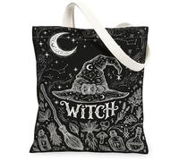 Bolsa de lona con sombrero de bruja, Fanciful Mystical Moon Broomstick Halloween Black Grocery Bag 13 x 15 pulgadas, Negro, 13x15 Inch