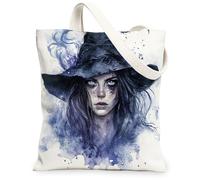 Bolsa de lona con sombrero de bruja para mujer, Halloween, pelo místico, acuarela, Halloween, violeta, lavable, reutilizable, para compras, brunch, parque, biblioteca, excursiones, 13 x 15 pulgadas
