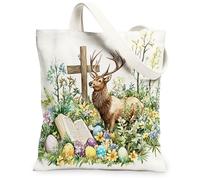Bolsa de lona de 13 x 15 pulgadas, diseño de ciervo de alce y vida silvestre, para primavera, Pascua, huevos cruzados, reutilizable, para mujeres, decoración de regalo