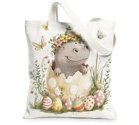 Bolsa de lona de 13 x 15 pulgadas, diseño de hipopótamo de primavera, Pascua, animales salvajes, huevos divertidos, reutilizable, bolsa de impresión para mujeres, decoración de regalo de pintura