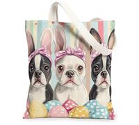 Bolsa de lona de 13 x 15 pulgadas, diseño de perro Boston Terrier de primavera y Pascua, bolsa reutilizable con estampado de huevos divertidos para mujeres, decoración de regalo