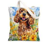 Bolsa de lona de 13 x 15 pulgadas, diseño de perro cocker spaniel americano de primavera, para compras, pintura al óleo, diseño de flores silvestres, cachorro, reutilizable, para mujeres, mascotas