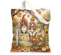 Bolsa de lona de 13 x 15 pulgadas, diseño de perro cocker spaniel de otoño, gnomo de otoño, cosecha, reutilizable, estampado de comestibles, para mujeres, espantapájaros, pintura estética, decoración