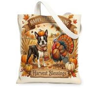Bolsa de lona de Acción de Gracias Boston Terrier para ir de compras de 13 x 15 pulgadas, bolsa de comestibles reutilizable para mujeres, otoño, trabajo, viajes, pintura, decoración de regalo