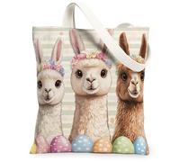 Bolsa de lona de alpaca de primavera y Pascua para ir de compras, 13 x 15 pulgadas, lindos huevos divertidos de animales, reutilizable, estampado de comestibles, para mujeres, extraña pintura estética