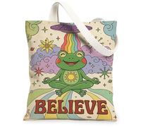 Bolsa de lona de anfibios para mujer, diseño de arcoíris, sol, verano, verde, lavable, reutilizable, ideal para viajes, trabajo, compras, librería, 13 x 15 pulgadas