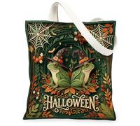 Bolsa de lona de anfibios para mujer, diseño de telaraña festiva, sombrero de bruja de Halloween, bolsas verdes para compras, brunch, parque, biblioteca, excursiones, 13 x 15 pulgadas