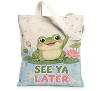 Bolsa de lona de anfibios para mujer, lúdica y fantástica, lirios de agua, color verde primavera, lavable, reutilizable, ideas para compras, viajes, oficina, biblioteca, casual, 13 x 15 pulgadas