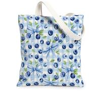 Bolsa de lona de arándanos para mujer, de verano, casual, con hoja de lazo, azul, lavable, reutilizable, para compras, brunch Park, Biblioteca, excursiones de día, 13 x 15 pulgadas
