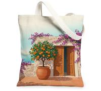 Bolsa de lona de árbol naranja para mujer, diseño mediterráneo tropical buganvillas arcillosas veraniegas, lavable y reutilizable, Verde, 13x15 Inch