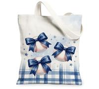 Bolsa de lona de béisbol para mujer, deportiva, juguetona con lazo, estrella, verano, azul marino, lavable, reutilizable, ideas para viajes, trabajo, compras, librería, 13 x 15 pulgadas