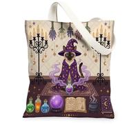 Bolsa de lona de bruja de Halloween con gato siamés para ir de compras de 13 x 15 pulgadas, diseño retro divertido de bruja mágica reutilizable para mujer, pintura estética espeluznante, decoración de