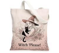 Bolsa de lona de bruja, diseño vintage de rosas de gato para Halloween, melocotón, bolsas de mano de 13 x 15 pulgadas, Rosa, 13x15 Inch