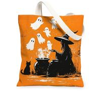 Bolsa de lona de bruja para mujer, caldero espeluznante de Halloween, naranja, lavable, reutilizable, pequeña, ideas para viajes, trabajo, compras, librería, 13 x 15 pulgadas