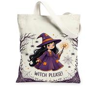 Bolsa de lona de bruja para mujer, diseño de telaraña juguetona de Halloween, color violeta, bolsa pequeña para viajes, trabajo, compras, librería, 13 x 15 pulgadas