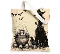 Bolsa de lona de bruja para mujer, Halloween, calaveras góticas, cuervo, Halloween, color negro, lavable, reutilizable, bolsa de la compra, ideas para viajes al aire libre, trabajo, lectura, 13 x 15
