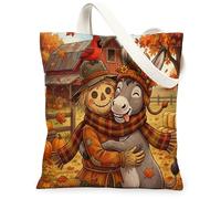 Bolsa de lona de burro de otoño para ir de compras, 13 x 15 pulgadas, diseño de espantapájaros reutilizable con estampado de granja otoñal para mujer, diseño de pintura estética de playa cardenal de