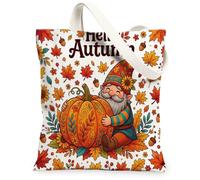 Bolsa de lona de calabaza para mujer, diseño de hojas de gnomo juguetón otoñal, color naranja, lavable, reutilizable, bolsa de compras B, Naranja, 13x15 Inch