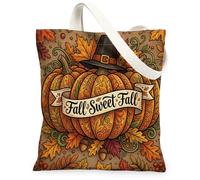 Bolsa de lona de calabaza para mujer, diseño de hojas festivas de otoño, bellotas, color naranja, lavable, reutilizable, para uso diario, ideas para Ou, Naranja, 13x15 Inch