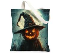 Bolsa de lona de calabaza para mujer, diseño gótico de bruja, luna, Halloween, naranja, lavable, reutilizable, bolsas pequeñas, ideas para viajes de compras, oficina, biblioteca, casual, 13 x 15