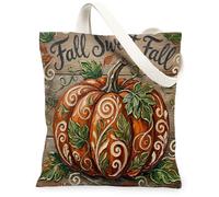 Bolsa de lona de calabaza para mujer, diseño rústico de hojas de remolino, otoño, naranja, lavable, reutilizable, bolsa pequeña para exteriores, Naranja, 13x15 Inch