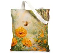 Bolsa de lona de caléndula de primavera para compras, 13 x 15 pulgadas, bosques, flores, escenas, abejas, bolsa de comestibles reutilizable para mujeres, pintura de viaje floral, decoración de regalo