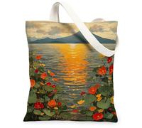 Bolsa de lona de capuchina de primavera para compras, 13 x 15 pulgadas, escena de flores, montaña marina, bolsa de comestibles reutilizable para mujeres, patrón de viaje floral, decoración de regalo