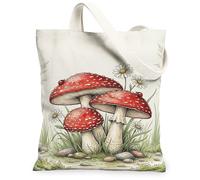 Bolsa de lona de champiñones para mujer, naturaleza fantástica crisantemo, catarina, primavera, rojo, lavable, reutilizable, estética, ideas para familiares, amigos, colegas, lectura, amores, 13 x 15