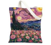 Bolsa de lona de ciprés para mujer, impresionismo, estrellas, flores, primavera, melocotón, lavable, reutilizable, ideas para familiares, amigos, colegas, lectura, amor, 13 x 15 pulgadas