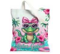 Bolsa de lona de cocodrilo para mujer, con lazo juguetón de verano, hibisco, verde, lavable, reutilizable, con gráficos, ideas para viajes, trabajo, compras, librería, 13 x 15 pulgadas