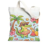 Bolsa de lona de cocodrilo para mujer, verano, palmera tropical, hibisco, verano, verde, lavable, reutilizable, ideal para viajes, trabajo, compras, librería, 13 x 15 pulgadas