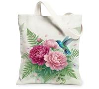 Bolsa de lona de colibrí para mujer, diseño de peonía, helecho, primavera, melocotón, lavable, reutilizable, pequeña, ideas para Sho, Melocotón, 13x15 Inch