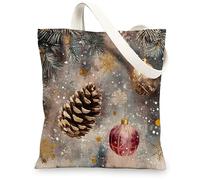 Bolsa de lona de conos de pino de Navidad para compras, 13 x 15 pulgadas, bolas de copos de nieve de lujo, bolsa de hombro reutilizable para mujer, pintura de bellotas