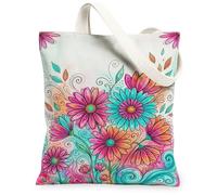 Bolsa de lona de crisantemo para mujer, diseño de hojas de remolino vibrante, melocotón, lavable, reutilizable, para compras, brunch, parque, biblioteca, excursiones, 13 x 15 pulgadas
