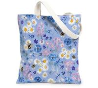 Bolsa de lona de crisantemo para mujer, diseño floral de abeja, primavera, azul, lavable, reutilizable, ideal para salir