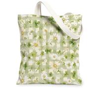 Bolsa de lona de crisantemo para mujer, diseño floral de trébol verde, a cuadros, verde primavera, lavable, reutilizable, pequeña bolsa B, Verde, 13x15 Inch