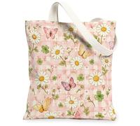 Bolsa de lona de crisantemo para mujer, diseño floral, mariposa, trébol, primavera, melocotón, lavable, reutilizable, para ir de compras, brunch, parque, biblioteca, excursiones, 13 x 15 pulgadas
